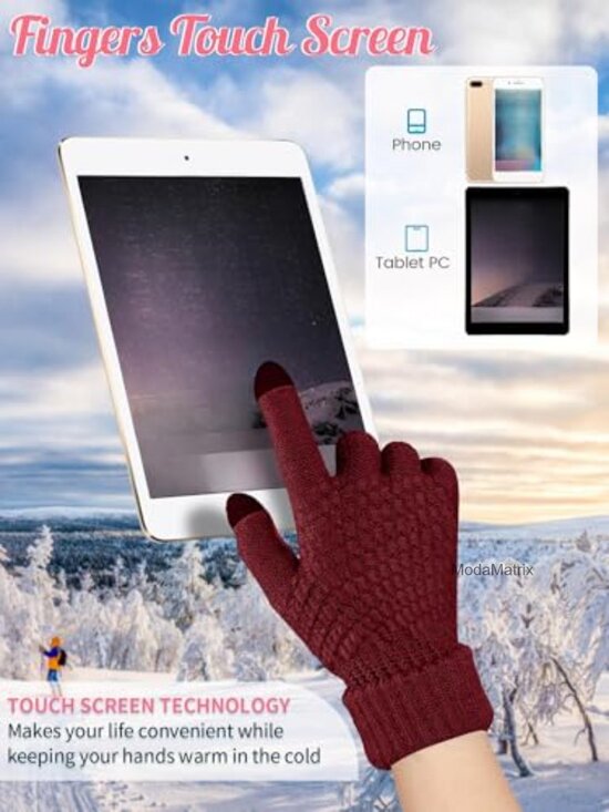 6 Pc Winter Beanie Hat and Touchscreen Gloves Set Warm Knitted Fleece
